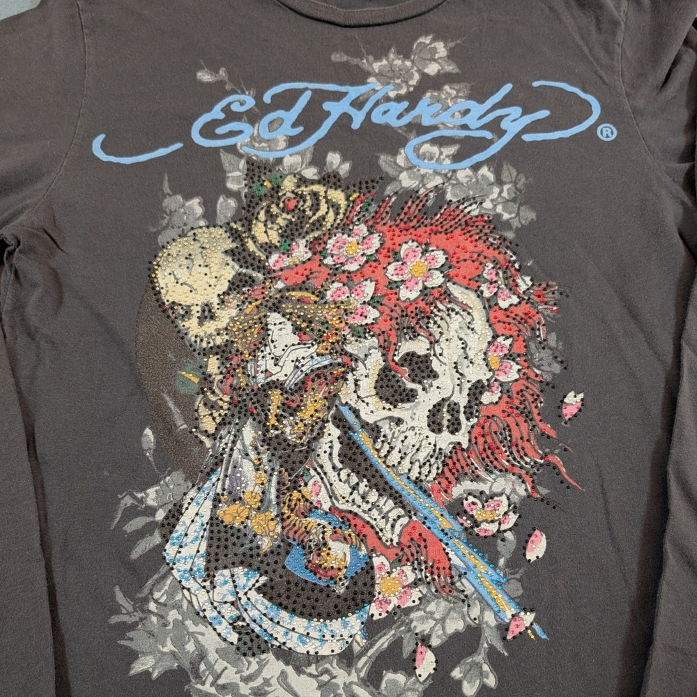 Ed Hardy T-Shirt Women Small Long Sleeve Rhinestone Skull Floral Vintage Y2K‎